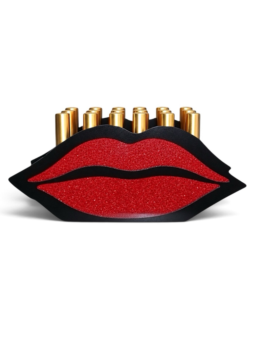 For Her Vanity Red & Black Glitz & Glam Lips Wood Lipstick Holder Organizer